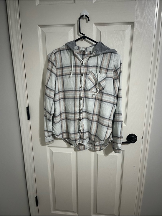 Mudd Tops - Mudd Plaid Hooded Button-Down Shirt - Cream, Gray